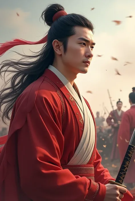 bust，male，Three Kingdoms，Zhou Yu，Red and white clothes，Simple clothes youthful，No beard，No beard，On the war zone，Eyes looking into the distance，male，One-handed sword，Noble、Handsome、Festive，Happy look，No decoration，No beard