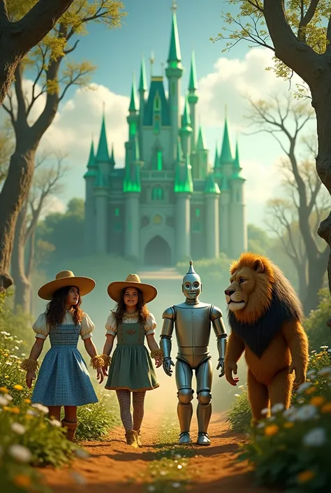 4k image with 4 characters from the movie the wizard of oz, magic around. Emerald Castle in the background.