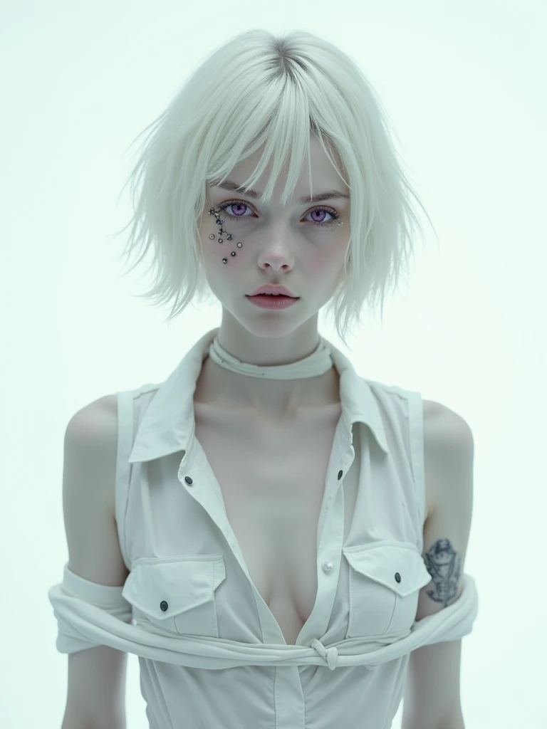 wallpaper. Girl in a straitjacket, white pants. barefoot. by white. Short hair. pale. Violet eyes. Various piercings 