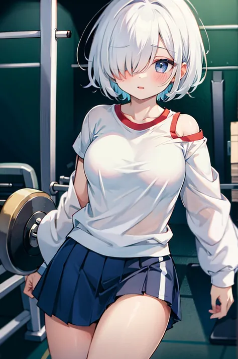 masterpiece, best quality, high resolution, absurdres,
hair over eyes, hair over one eye, oversized shirt, shirt, off shoulder, cute, skirt, gym, white hair, short hair , 1 girl