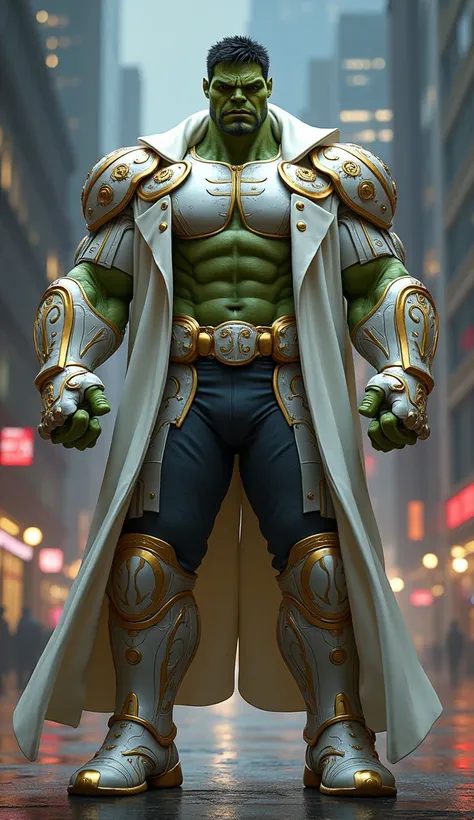 Full-length photograph of Hulk in white and gold armor., Not wearing a mask, white coat, Look at the camera in the center., Perfect composition, beautiful detailed intricate insanely detailed octane render Trending on artstation, 8k art photography, Realis...