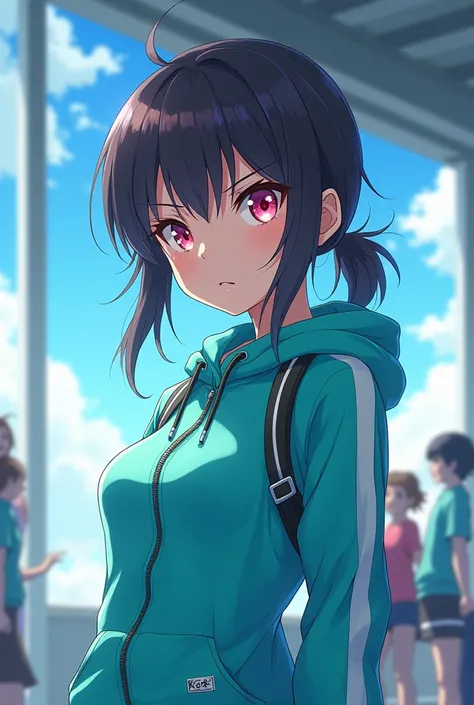 Image of a 1 girl in turquoise sportswear with a pink sparkle in her eyes with a serious and tough expression in an anime style airport ((quality)) ((perfection))