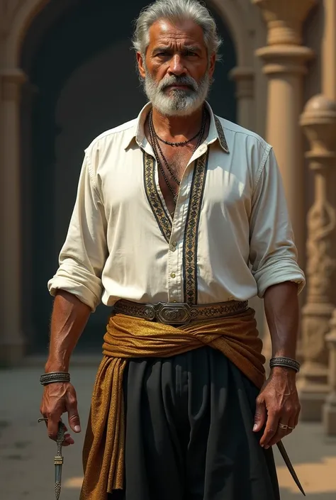 Chat creates for me a man from India with a white shirt, black and gold, a pair of black pants, golden cloth on the head and waist, a hat, and a dagger at his waist