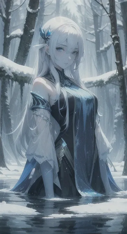 Young and sophisticated woman, long white hair, blank eyes, blue skin, water spirit, model, snow, cold forest water, looking frozen, floating in water, submerged,