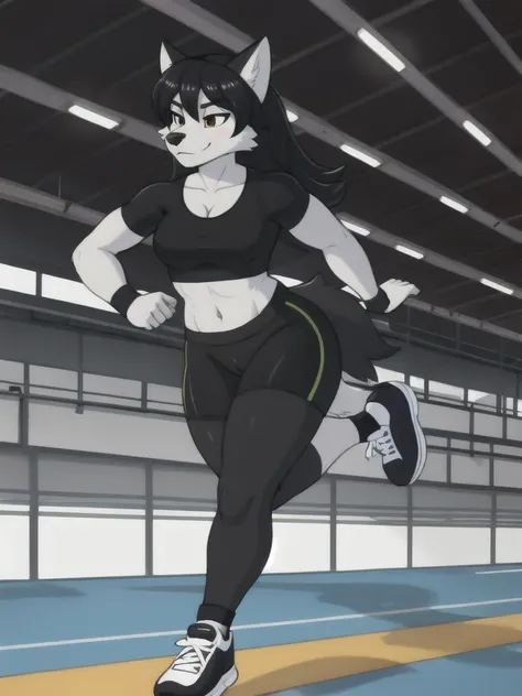 Furry, wolf, female, black shirt, black spandex bike shorts, shoes, indoor running track, solo, full body