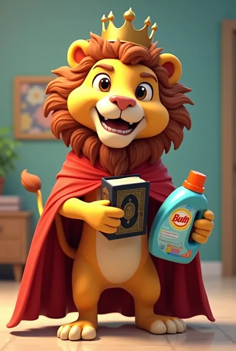 a lion with a koran with a detergent container in its paw as if it were cleaning, animated as a cartoon with a crown on its head without its book in its hand without a book and with a red king&#39;s cape, the cape more animated the drawing without a book i...