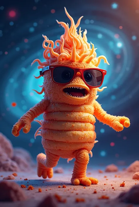 A cebichurro with sunglasses and a lot of flow with a galaxy background with feet and hands that looks like he is walking 