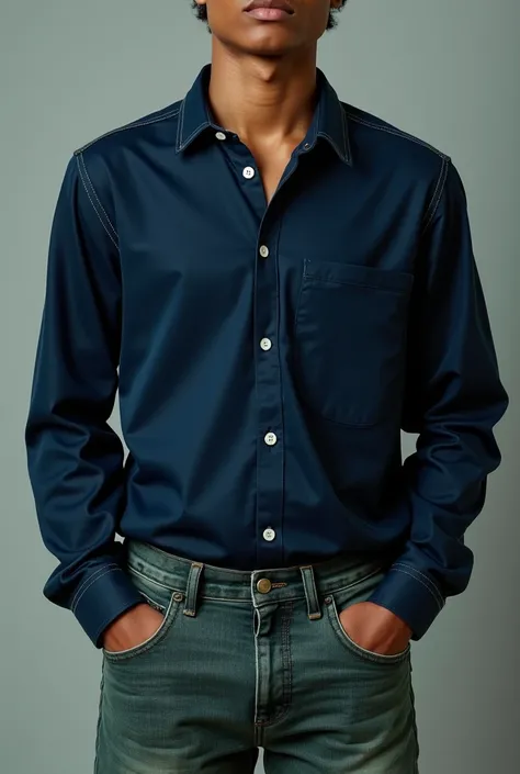 A person wearing a dark blue shirt with greenish gray jeans