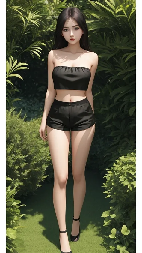 Wide angle shot of a beautiful teenage girl, perfect big eyes, slightly pointed nose. Wearing a black strapless top, thin waist, perfect body, shorts, strong legs, making eye contact, flirtatious, attractive in the green garden,3D,18k HD,full body, ultra f...