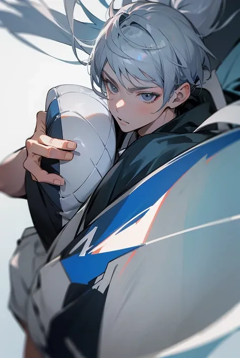 A lpale skinned boy with blu grey hair and grey eyes wearing a volleyball uniform High Resolution, 