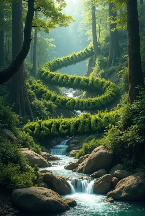 An album cover photo with the word fraternity and sisterhood written organically with forests and rivers