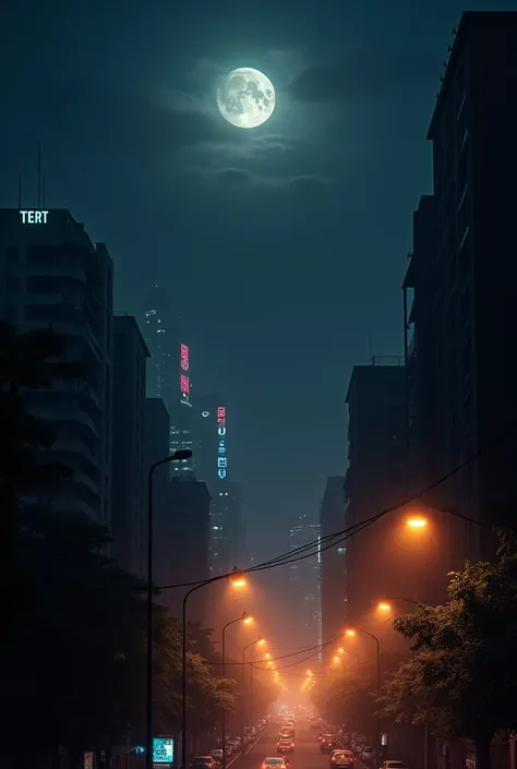 Mumbai, dark night ,half Tree moon 
 , and city pick , Big building, strit light s

