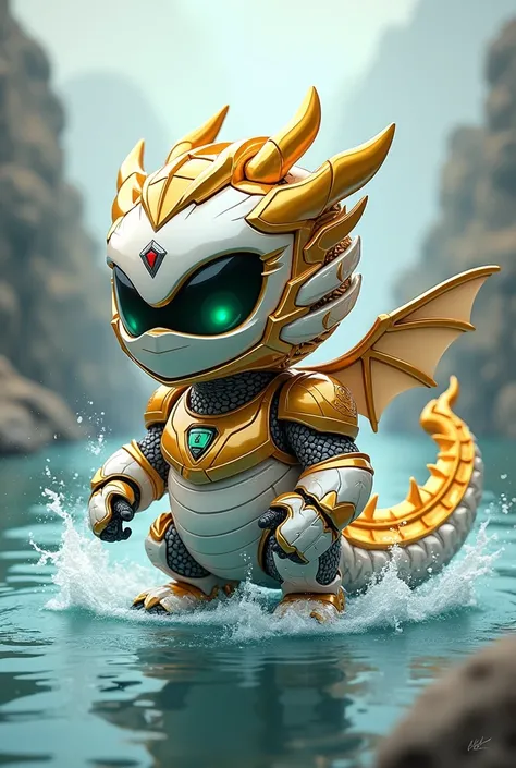 Power rangers Dragon Zord, Chibi style, water, robotic, White Ranger Dragon Zord, Dragon like, metallic, realistic, gold and white and green color scheme