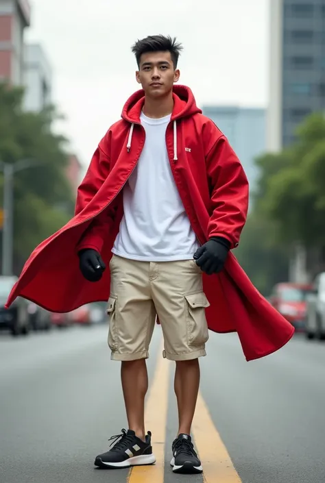 A handsome young Indonesian man with white skin and short, slightly teased hair, white t-shirt red hoodie jacket very long size flash and short sleeves cargo shorts 3/4 cream colors, black and white sports shoes, wearing black gloves and clenched fists blo...