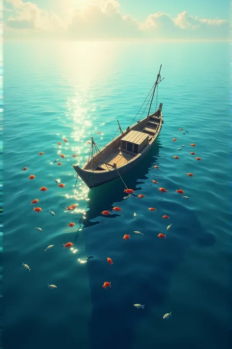 Picture of a boat floating on the ocean, with fishes swimming around