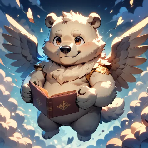 masterpiece, best quality, very aesthetic, absurdres, BREAK noise reduction, BREAK super fine illustration, insanity detailed, ultra detailed, BREAK chibi, [face:full body:10], looking away, from above, BREAK cupid, plump middle-aged polar bear man, angel ...