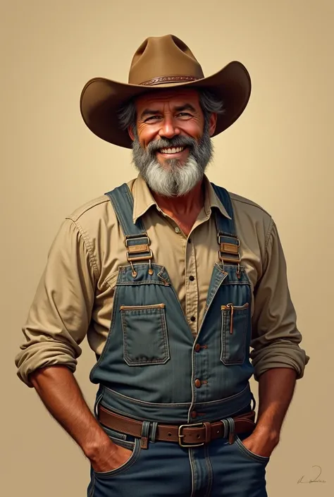 "A male farmer wearing a cowboy hat, standing confidently with a warm smile. He has a rugged, weathered appearance, showcasing his dedication and hard work. The background is a solid color, allowing the focus to remain on the farmer and his attire, emphasi...