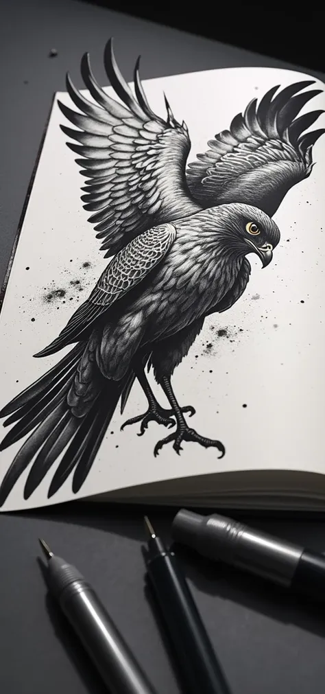 Half-meter falcon in black and white with black pen strokes as if it were a pen sketch to make a tattoo on a fighter&#39;s shin, black and white that takes up a good amount of space vertically, wings a little more closed, emphasis on white and crossed out ...