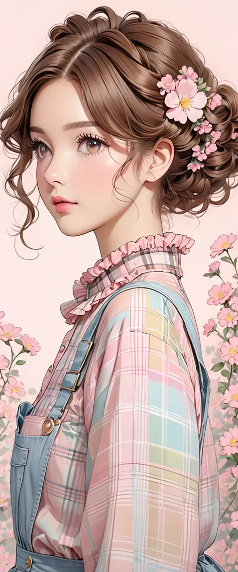 This image portrays a drawing of a person with brown hair styled in a loose curly updo The hair is adorned with small pink flower-like decorations The individual is wearing a plaid shirt with a ruffled collar and the overall illustration has a soft delicat...