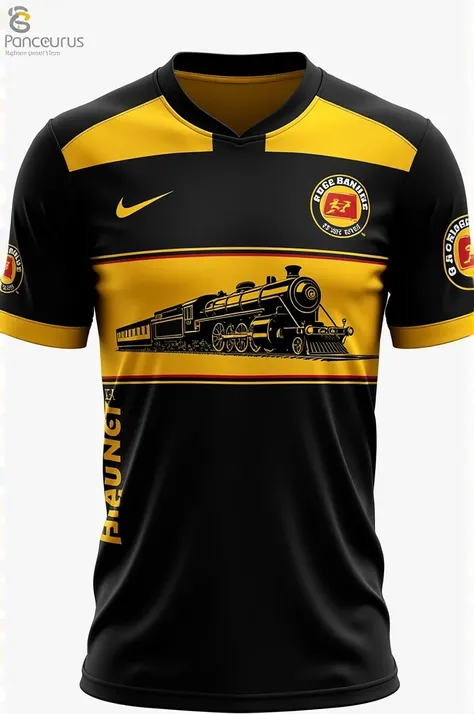 Make a template of a men&#39;s volleyball shirt inspired by the Paraguayan beer Eisenbahn. Its logo is a train. The colors are black and yellow or red.