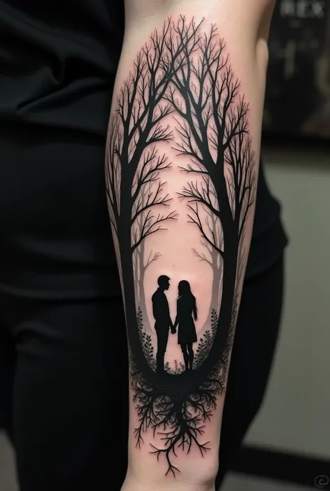 Dark woods inspired memorial tattoo with the names, Rex & Sunny 