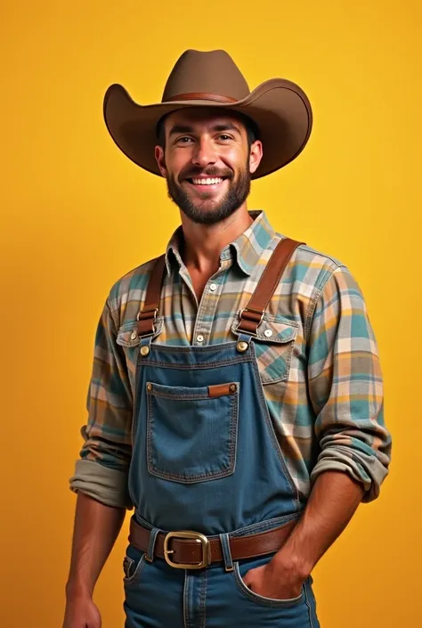 A young and handsome male farmer wearing a cowboy hat, standing confidently with a friendly smile. He has a fit and youthful appearance, reflecting both vitality and dedication. The background is a solid color, allowing the focus to remain on him and his c...