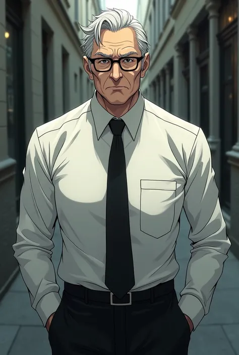 Black hair, white shirt, black pants, black glasses, old man, male anime character, cool