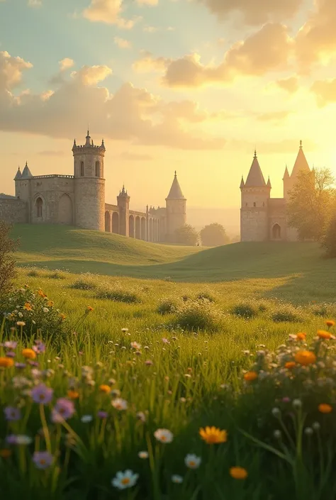 The background scene in front is a beautiful meadow with historical landmarks behind and the light reflecting orange-yellow.