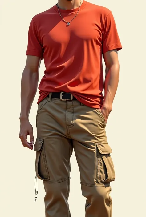 A person wearing a red shirt with light brown cargo pants