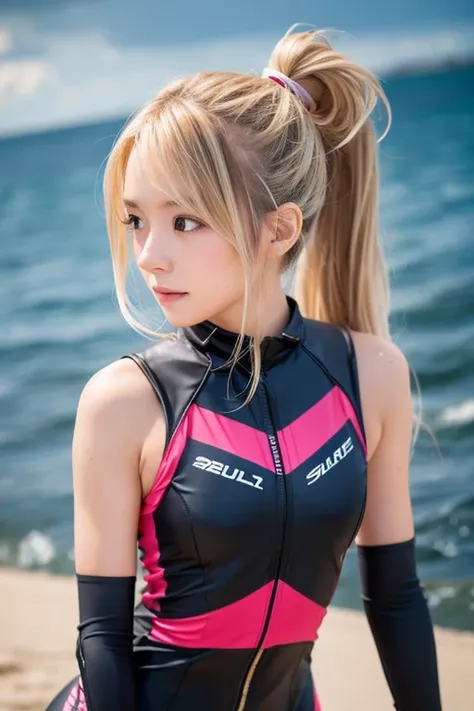 One girl, chest, sexy，Long Hair, whole body，Rider Suit，Bike，sea，Blushing, ponytail, Blonde, 