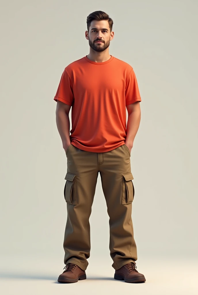 A person wearing a red shirt with brown cargo pants