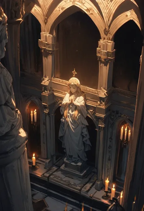 interior of a roman church gothic era, zoomed inshot up close to a praying altar with candles at the bottom of a large stone statue of a roman goddess, dimly lit room with candle light, viewed from above at a downward camera perspective, seen at an angle