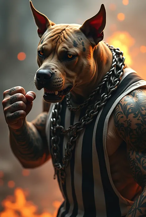 
pitbull with tattooed human body and very strong wearing a chain around his neck black and white shirt vertical stripes expression of angry dog pumped up anabolic bodybuilder ready to fight background smoke and fire clenched fist close to the face fightin...