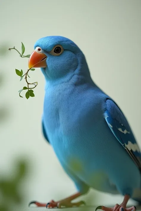 An album cover photo of a blue Belgian canary with a small mariri vine in its beak