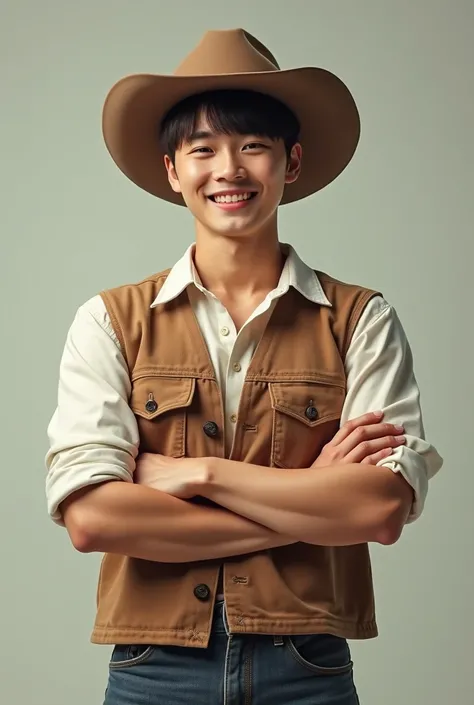 A young and handsome male farmer wearing a cowboy hat and a stylish cuttlepack outfit, standing confidently with a warm smile. He has a strong jawline and a clean-shaven face, reminiscent of Kim Taehyung from BTS, with soft features and expressive eyes. Th...