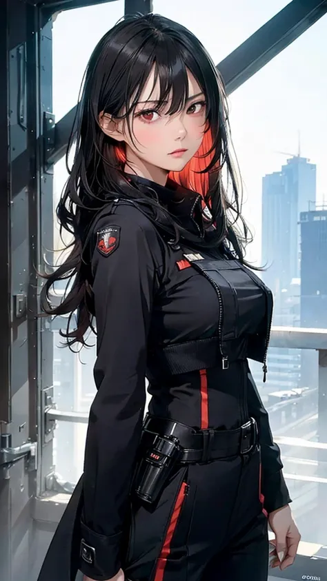 8k resolution,((Best Quality)),Ultra-high resolution,Adult women, Alone, sexy, (Angry face), (Red eyes), A beautiful, symmetrical face, (Black messy long hair,Eye-wide length),Combat Suit,Military vest,Suit pants,Realistic:1.4,Realistic:1.4,(masterpiece:1....