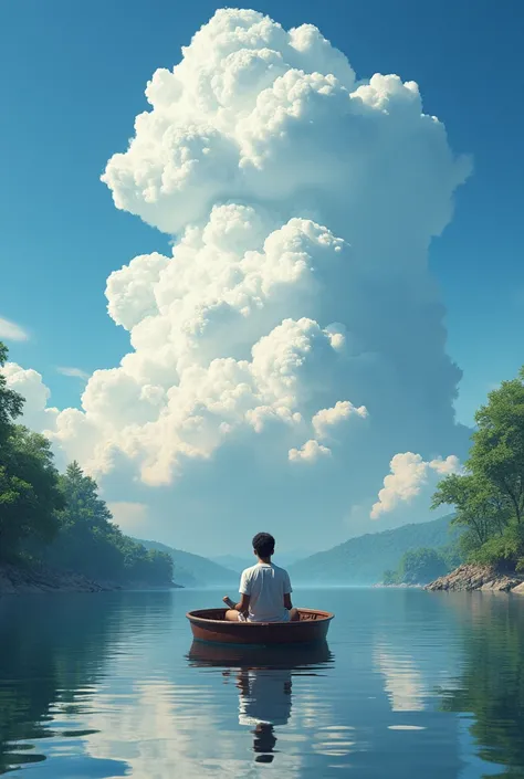 A cumulonimbus cloud is reflected in the lake、A young man on a boat is watching、It&#39;s very nostalgic、Breathtaking scenery