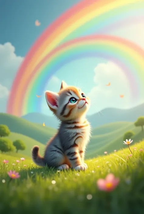 Kitten looking up at a rainbow