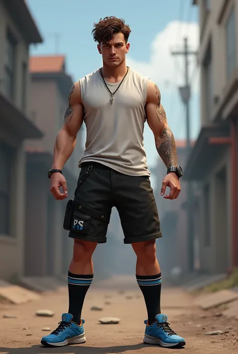 Free Fire game style male character . The shirts are ready to be written , brown curly hair, black shorts black socks with blue lines blue sneakers