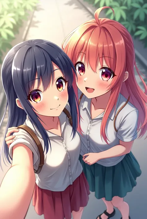 Two anime girls taking a photo with a 45 high angle view 