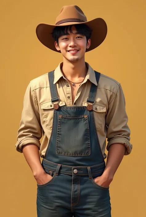 A male farmer wearing a cowboy hat and traditional farming attire, standing confidently with a warm smile. He has a strong jawline and a clean-shaven face, resembling Kim Taehyung from BTS, with soft features and expressive eyes. His outfit includes a stur...