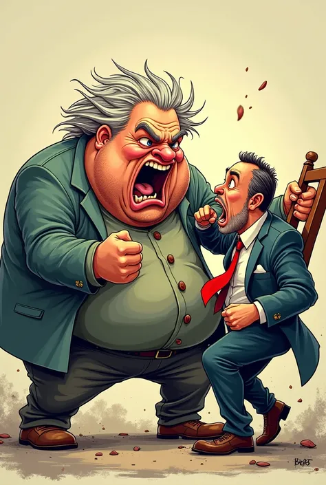 Depict a vibrant caricature of a chubby, older man with wild, fiery eyes as he swings a wooden chair toward a startled man in a business suit. The exaggerated expressions and body language highlight the absurdity of this comedic confrontation.