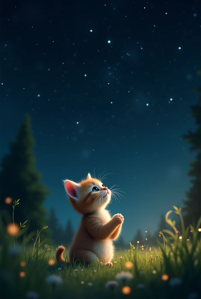 Kitten looking up at the starry sky