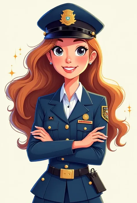 Cartoon Beautiful girl with long wavy hair,uniformed police officer or marine 