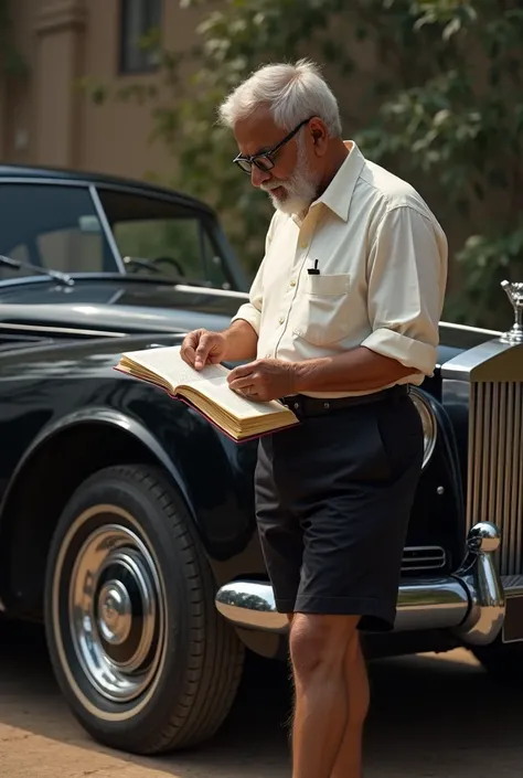 A photo of Dr Ambedkar real pic beasd, the architect of the Indian Constitution, standing next to Royal Royce in black short pants and sowing dr ambedkar name with Indian Constitution book of India 