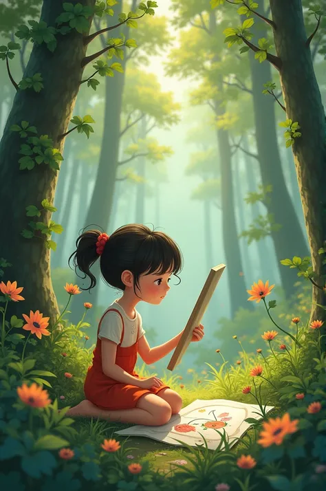 An  girl drawing in the forest