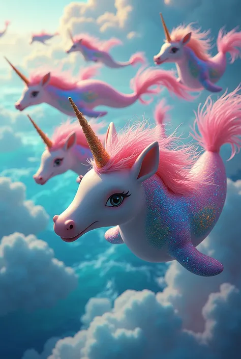 The best image for the Simphony trend  , Various colorful Unicorns and Dolphins flying with colors and glitter with eyelashes flying over a colorful sea 