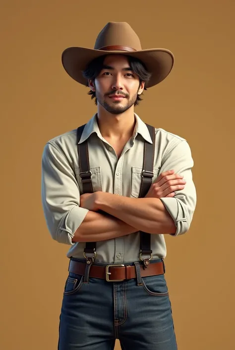 "A male farmer wearing a cowboy hat and traditional farming attire, standing confidently with his arms crossed and a warm smile. He has a strong jawline and a clean-shaven face, resembling Kim Taehyung from BTS, with soft features and expressive eyes. His ...