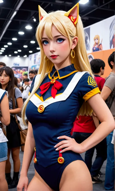 A cute elf girl in a sexy sailor scout uniform, flirty pose next to a cardboard figure of Naruto at a crowded comic convention, beautiful detailed eyes,beautiful detailed lips,extremely detailed eyes and face,longeyelashes,1girl,fantasy,illustration,digita...