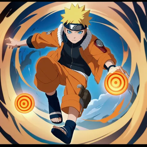 1boy, naruto, naruto, looking at viewer, black footwear, black shirt, blonde hair, blue eyes, border, energy ball, facial mark, ...